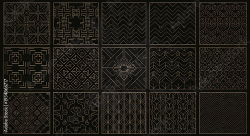 Collection of intricate black and gold mosaic tiles with detailed patterns