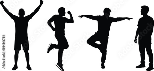 Set of energetic male silhouettes dancing and celebrating in dynamic action poses isolated on white background