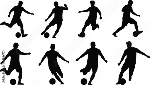 Set of soccer player silhouettes in dynamic dribbling and kicking action poses isolated
