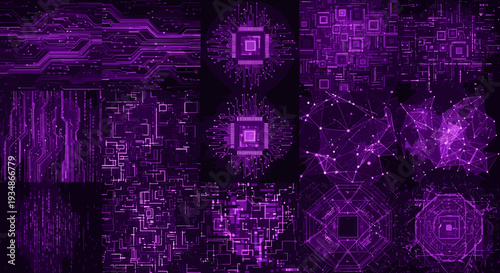 Futuristic digital circuit pattern with glowing neon purple elements