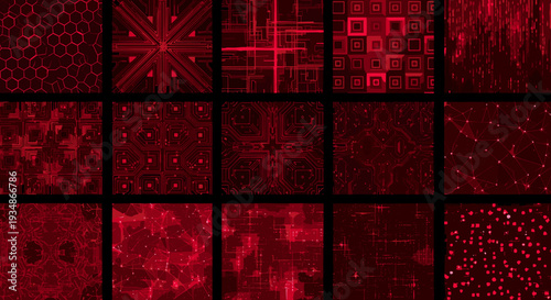Collection of red digital abstract backgrounds with glowing patterns