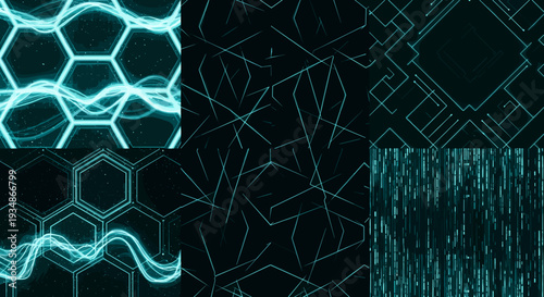 Collection of digital abstract backgrounds with glowing geometric patterns