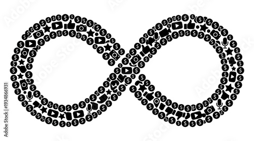 Infinity loop symbol composed of various social media icons and dollar coins, representing endless monetization, online income streams, digital marketing, and continuous revenue generation.