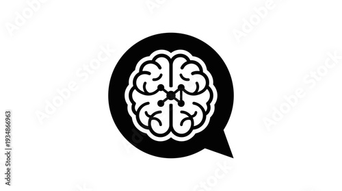 Icon of an AI brain inside a black speech bubble, symbolizing artificial intelligence communication, ideas, thoughts, and intelligent conversation in the digital age.