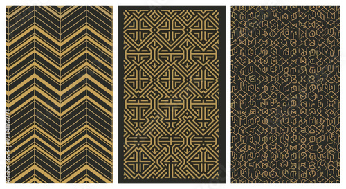 Set of three geometric patterned designs with intricate details