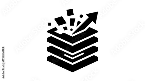 Abstract layered design with upward arrow and exploding squares, representing data analysis, growth, and innovation in a modern, minimalist graphic style.