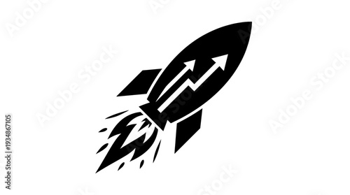 Black silhouette of a rocket launching upwards with two ascending arrow graphs inside, signifying business growth, startup success, and rapid progress in technology.