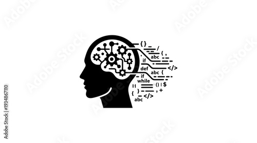 Silhouette of a human head with gears and circuits inside, symbolizing artificial intelligence, machine learning, cognitive processing, and the intersection of mind and technology.