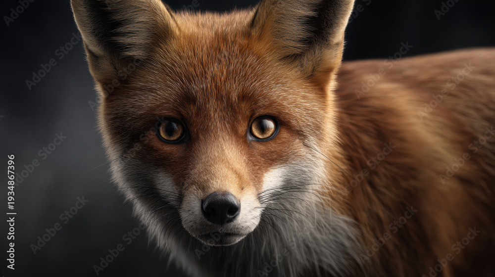 Naklejka premium Red fox portrait with direct gaze showing detailed fur texture and warm amber eyes, dramatic soft lighting and shallow depth of field creating intimate wildlife mood