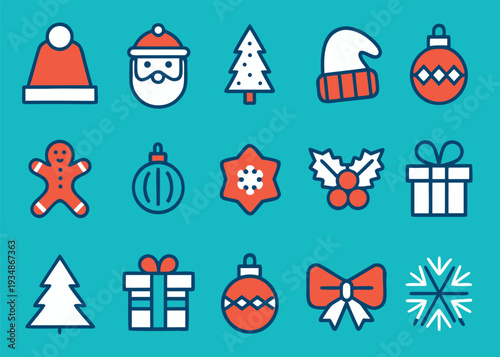 Fifteen different festive icons including winter beanies and a star shaped cookie are arranged on a flat teal background.