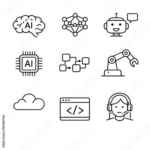 Artificial Intelligence Minimal Line Icons Set – AI Technology Outline Vector Icon Sheet