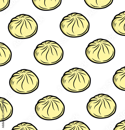 Dumpling Seamless Pattern. Steamed Bun Repeating Motif. Hand Drawn Outline Illustration. Yellow Background Variation. Packaging Textile Surface Design.