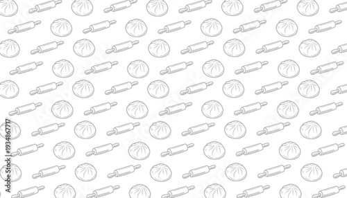 Dumpling And Rolling Pin Seamless Pattern. Steamed Bun Kitchen Utensil Motif. Hand Drawn Outline Illustration. Black Background Variation. Culinary Textile Packaging Design.