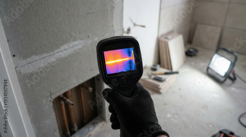 Thermal imaging camera held by a worker, detecting heat loss or water damage in a building during renovation
