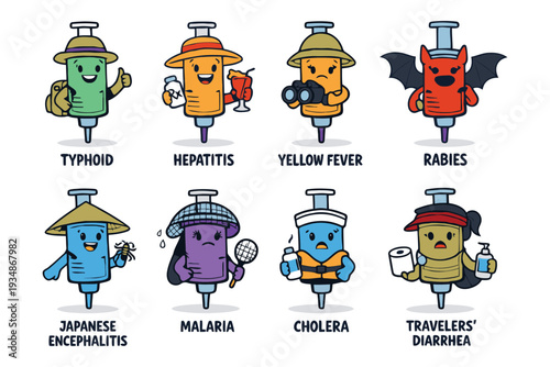Cartoon syringes as characters representing various travel diseases and vaccinations syringe character disease vaccination typhoid