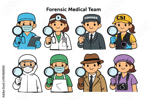 Forensic Medical Team Cartoon Characters with Magnifying Glasses and Protective Gear doctor nurse coroner csi