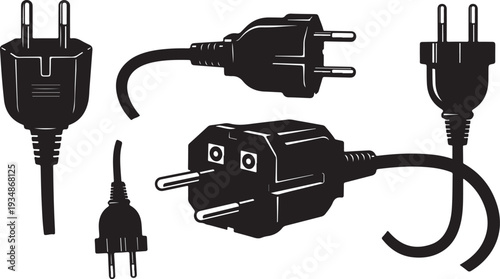 Electric power plugs and cords in black and white