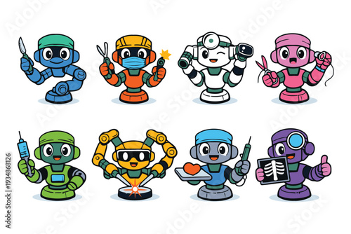 Cartoon robots in various professions with medical and industrial tools robot scissors syringe scalpel welding