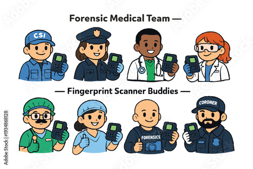 Cartoon characters representing forensic medical team and fingerprint scanner buddies in various professions csi police