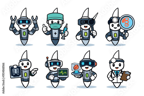 Robot cartoon characters in various medical roles with modern technology virtual reality surgery doctor nurse