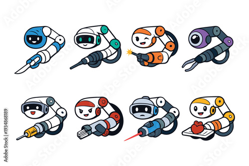 Colorful cartoon robots performing various actions with tools and objects robot smiling machinery technology mechanics