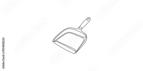 Simple line drawing of a plastic dustpan with a handle for household cleaning tasks.