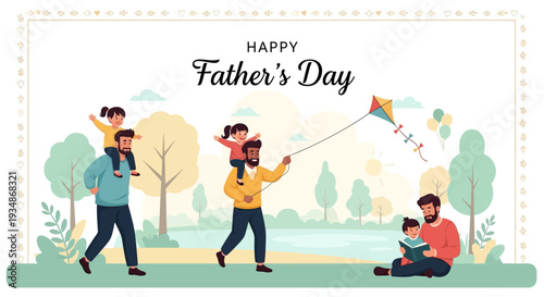 Father and Children Flying Kite Together.