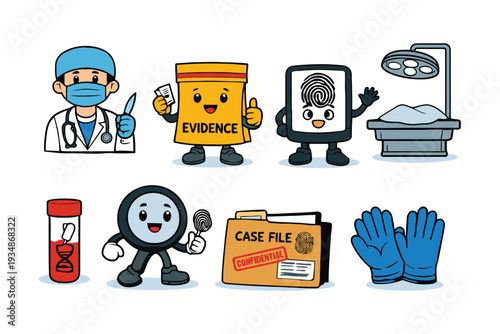 Cartoon characters and objects related to forensic science and medical investigation crime scene evidence lab