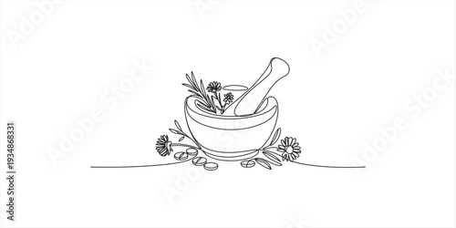 Continuous line drawing of a mortar and pestle filled with fresh medicinal herbs and flowers