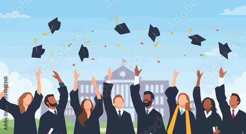 Graduates Celebrating with Caps in Air.