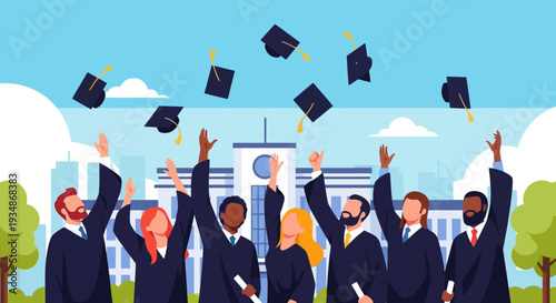 Graduates Throwing Caps in Celebration Outside University.