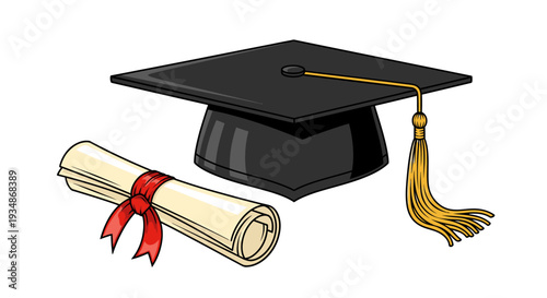 Graduation Cap and Diploma Certificate Illustration.