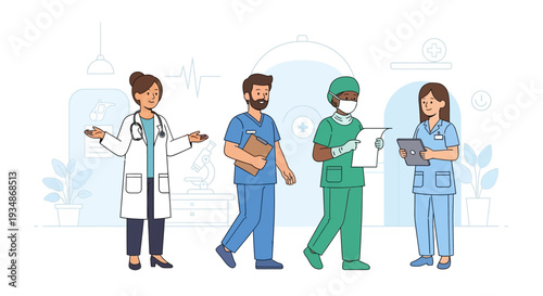 Medical Professionals in Various Attire Walking.