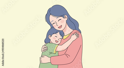 Mother Hugging Child Tenderly with Love.