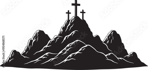 Mountain Peaks with Crosses Silhouette Landscape Illustration