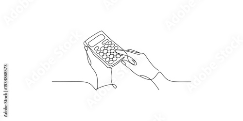 Continuous line drawing of hands using a calculator for financial planning and accounting.