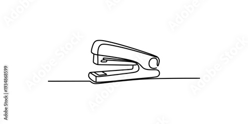 A simple black and white line drawing of a stapler sitting on a horizontal surface.
