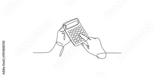 A simple black and white line drawing of a person's hands using a small handheld calculator