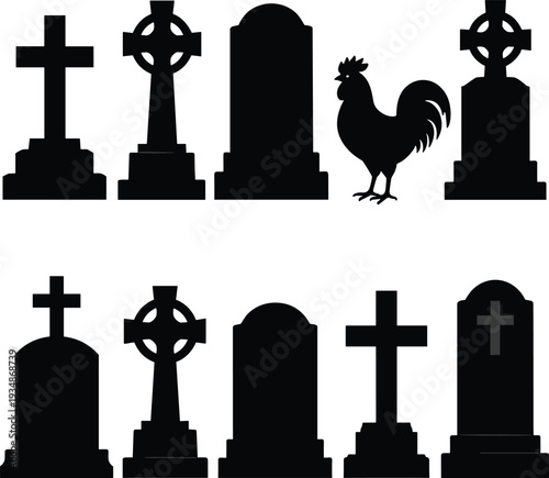 Cemetery gravestone and cross silhouette icon set featuring tombstones religious memorial symbols and rooster figure isolated on white background vector illustration