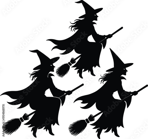 Collection of three spooky black Halloween witch silhouettes flying on broomsticks with pointed hats and flowing hair, isolated vector illustrations for seasonal designs.
