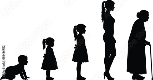 Female life stages silhouette showing human growth from baby to elderly woman, aging process, generation evolution, time passage concept isolated on white background