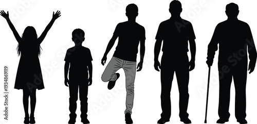 Male life stages silhouette showing human growth from child to elderly man, aging process, generation evolution, time passage concept isolated on white background