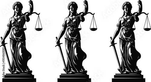 Lady Justice statue illustration set symbolizing law, balance and fairness, blindfolded goddess holding scales and sword, legal justice concept isolated on white background