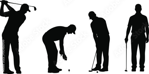 Golf player silhouettes set showing swing, putting and standing poses, professional golfer actions, outdoor sports activity, tournament practice concept isolated on white background