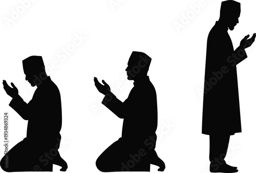 Muslim man praying silhouettes set showing standing and kneeling prayer positions, Islamic worship and devotion, faith spirituality concept isolated on white background