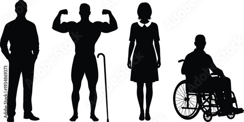 People silhouettes set showing different body types and abilities including muscular man, woman, elderly with cane and wheelchair user, diversity, strength and disability concept isolated on white 