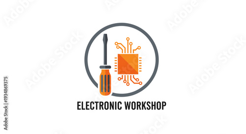 Electronic Workshop Logo with Screwdriver and Microchip.