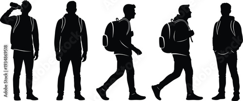 Male traveler silhouettes with backpack walking, standing and drinking water, outdoor lifestyle concept, adventure journey, hiking, tourism, urban explorer poses isolated on white background 
