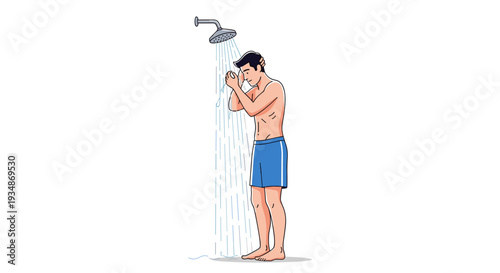 Man Standing Under Running Shower Water.