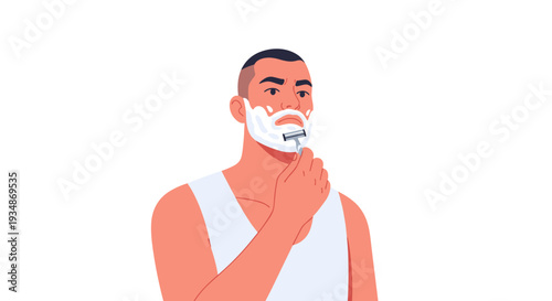 Man Shaving with Razor and Shaving Cream.
